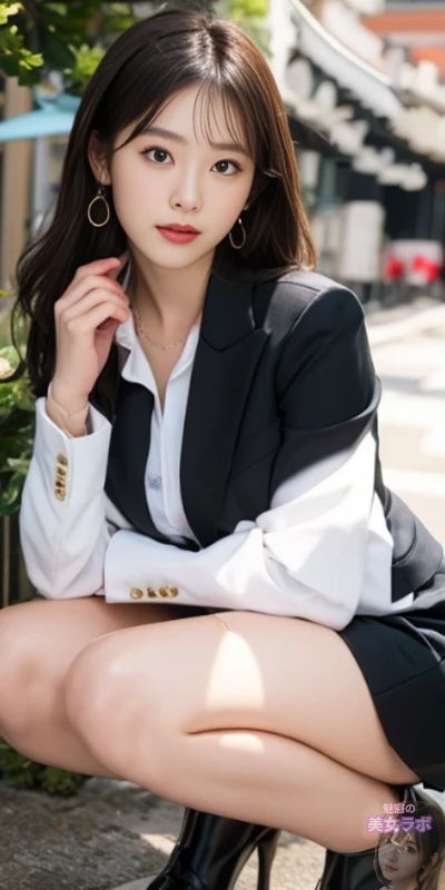 屋外で黒いビジネススーツを着て座る若いアジア女性のポートレート