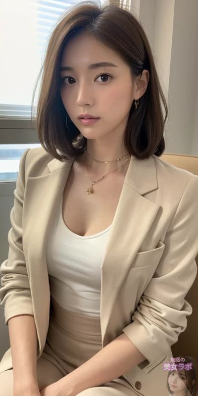 ベージュのジャケットとタンクトップを着た若いアジア女性がオフィスで正面を向いて座るポートレート