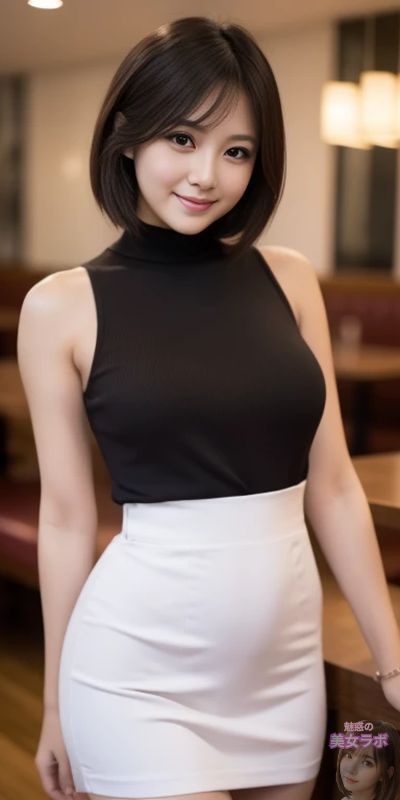 レストランで、黒いハイネックトップと白いミニスカートを着た若いアジア女性のポートレート