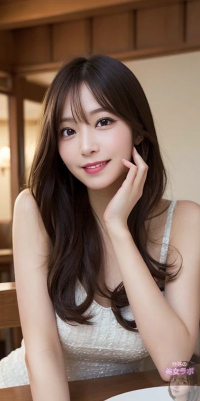 木造のインテリアに囲まれた明るい部屋で、白いドレスを着て微笑む若い日本人女性のポートレート。彼女の茶色のロングヘアが柔らかく、彼女の表情はやさしく自然です。