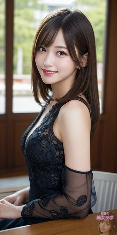 大きな窓から自然光が差し込む部屋で、黒いレースのドレスを着た若い日本人女性が微笑んでいる。彼女の茶色の髪は肩まであり、彼女の穏やかな表情が魅力的です。