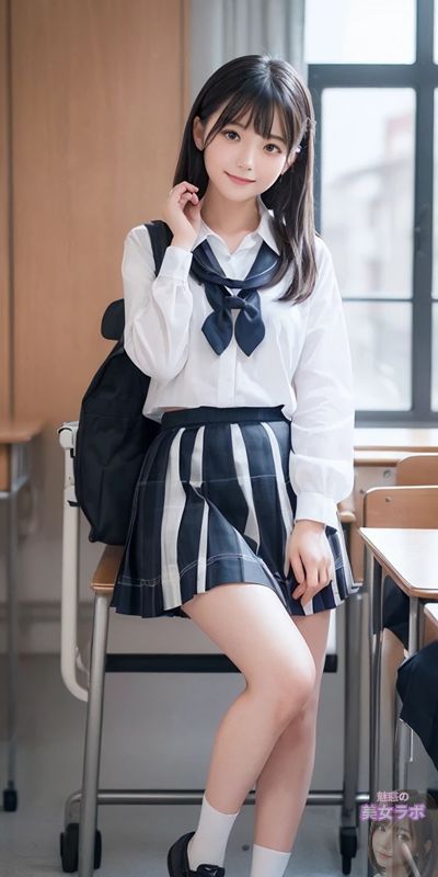 教室内で、黒のリュックを背負い、制服を着た若い日本人女性が立っている。彼女は白いブラウスとグレーのプリーツスカートを着用し、微笑みながらこちらを見ています。