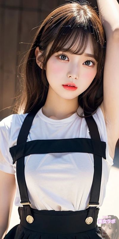 明るい日差しの中で、白いTシャツと黒いサスペンダースカートを着た若い日本人女性のアップクローズポートレート。彼女の大きな瞳と自然な表情が清潔感と可愛らしさを表現しています。