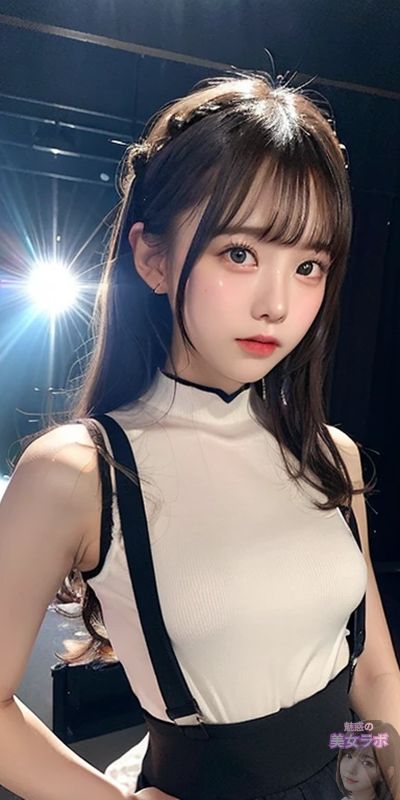 ステージのスポットライトの下で、白いハイネックトップと黒いサスペンダー付きスカートを着た若い日本人女性のポートレート。彼女の髪には小さなヘアアクセサリーがあり、大きな瞳が印象的です。