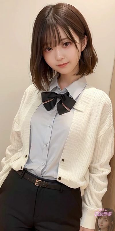 オフィススタイルの若い日本人女性、白いシャツに黒いリボンタイ、クールな表情