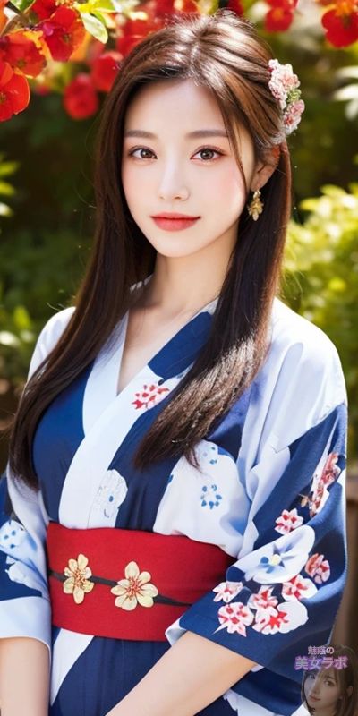 花の前で着物を着た日本人女性のリアルな写真