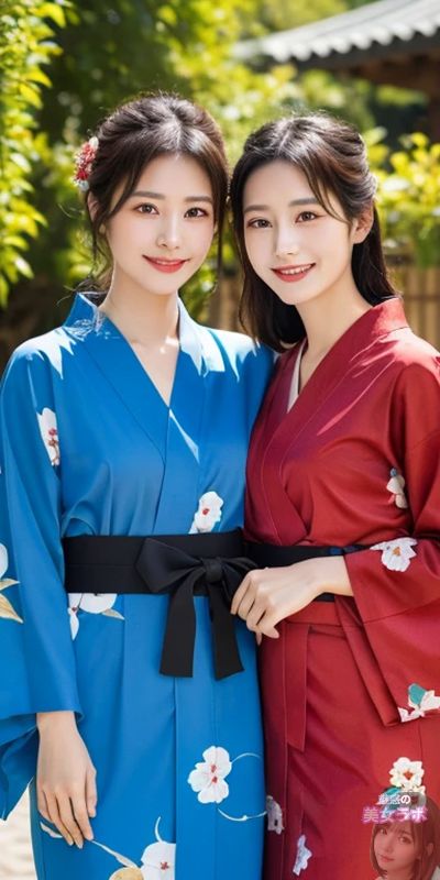 着物を着た二人の日本人女性のリアルな写真