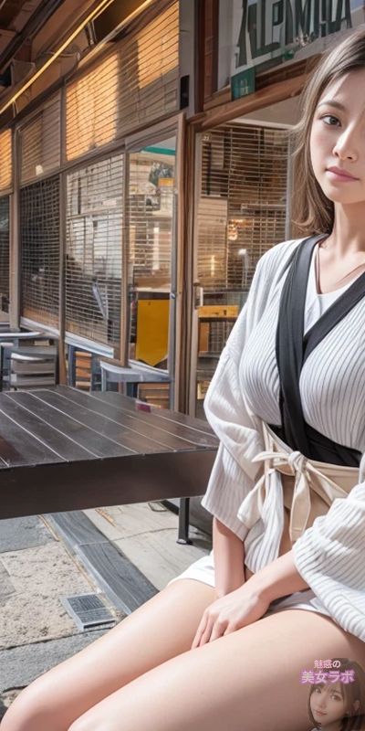 カフェのテラスで撮影された白い和服を着た日本人女性のリアルな写真