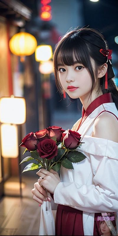 夜の街で赤いバラの花束を持つ日本人の若い女性