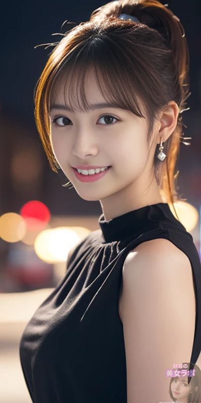 夜の街で黒いノースリーブドレスを着て微笑む日本人の若い女性