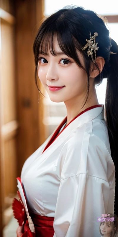 白い着物を着て笑顔を見せる日本人の若い女性