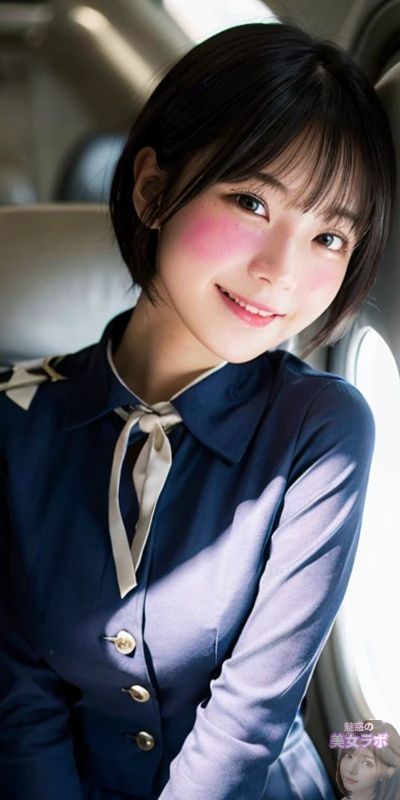 飛行機内で制服を着て笑顔を見せる日本人の若い女性