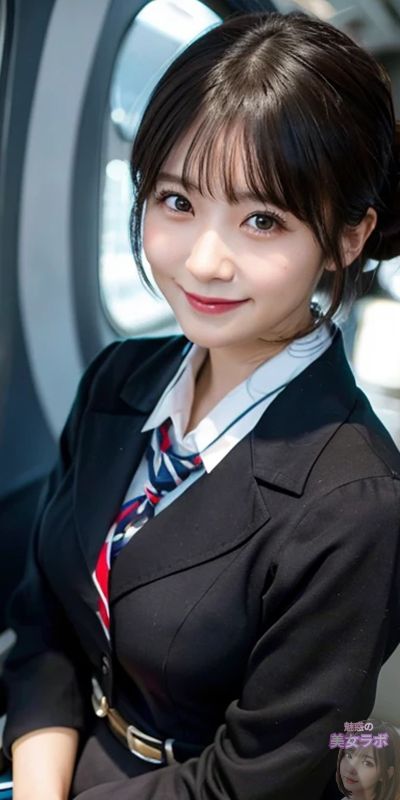 飛行機内で黒い制服を着て笑顔を見せる日本人の若い女性
