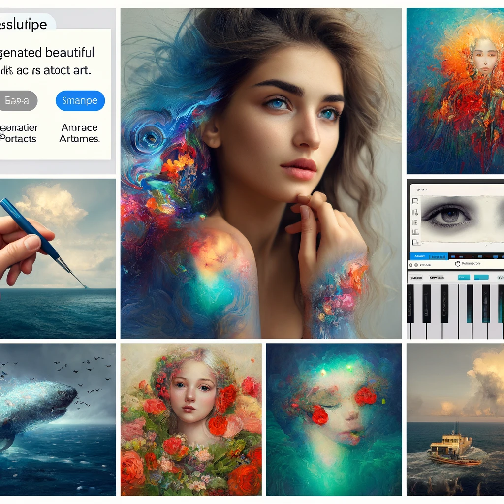 SeaArtのインターフェースと生成された美しい画像のコラージュ。テキストから画像、画像から画像変換の機能を紹介し、美しいポートレートや抽象アートを含む。