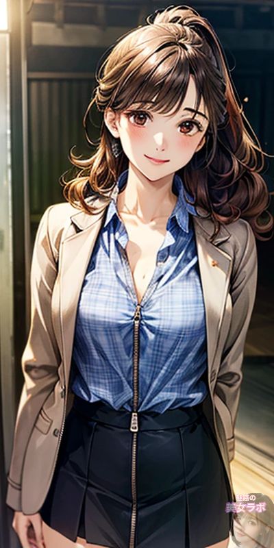 青いシャツとジャケットを着たアニメ風の日本人女性のイラスト