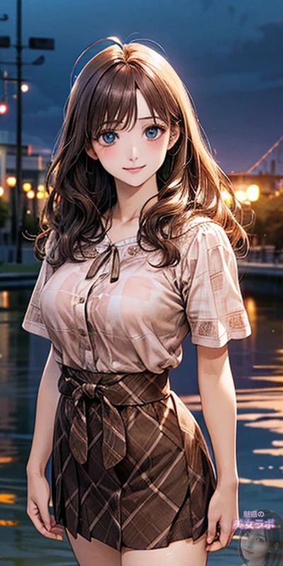 チェック柄のシャツとスカートを着たアニメ風の日本人女性のイラスト