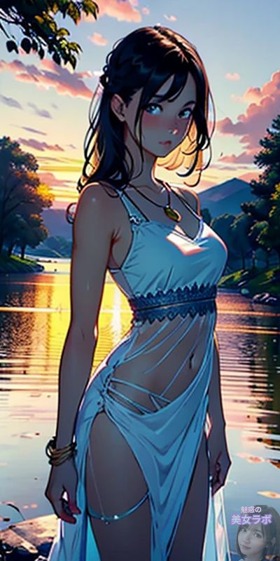 湖の前で白いドレスを着たアニメ風の日本人女性のイラスト