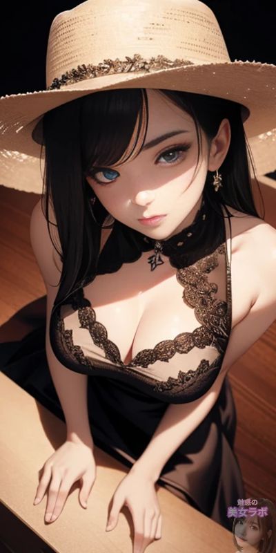 黒いドレスと帽子を着たアニメ風美女