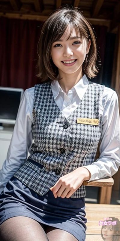 制服姿の笑顔の日本人女性が屋外でベンチに座っている写真