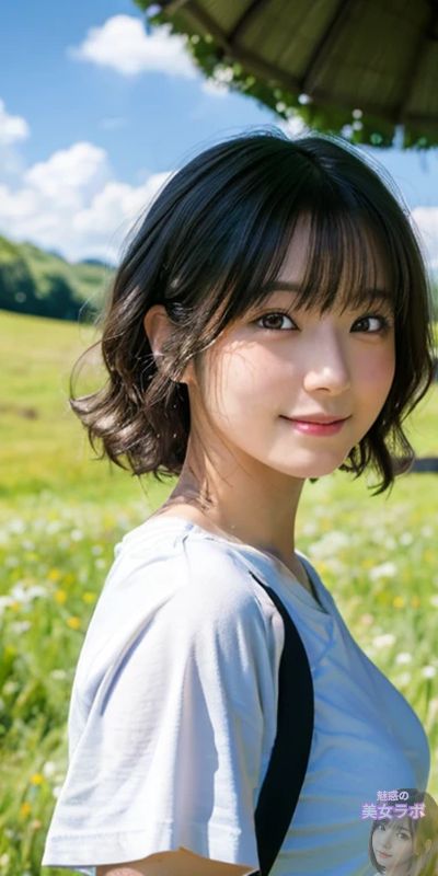屋外で微笑むショートヘアの日本人女性の写真
