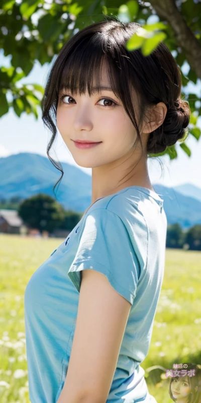 屋外で青いシャツを着て微笑む日本人女性の写真