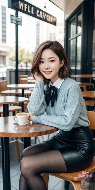 カフェで青いセーターと黒いスカートを着て微笑む日本人女性の写真