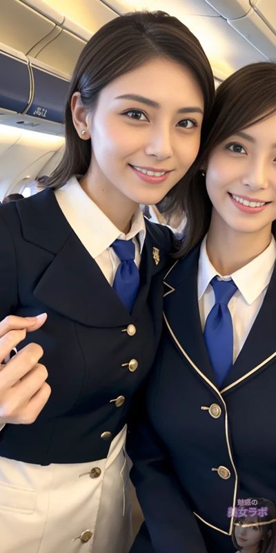 飛行機内で制服を着た2人の日本人女性が微笑んでいる写真