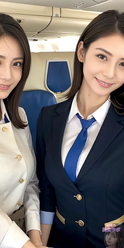 飛行機の制服を着た2人の美しい日本人女性