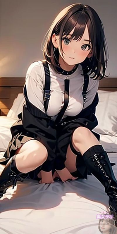 ベッドの上で黒いブーツを履いたセクシーなアニメ風美女